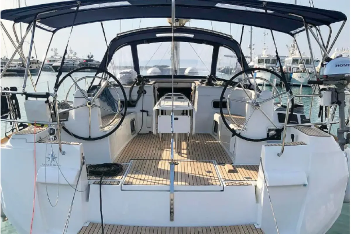 Exterior view of Misty, a Jeanneau Sun Odyssey 519 sailboat at Municipal Unit of Palairos, Greece