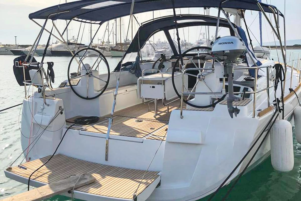 Exterior view of Misty, a Jeanneau Sun Odyssey 519 sailboat at Municipal Unit of Palairos, Greece