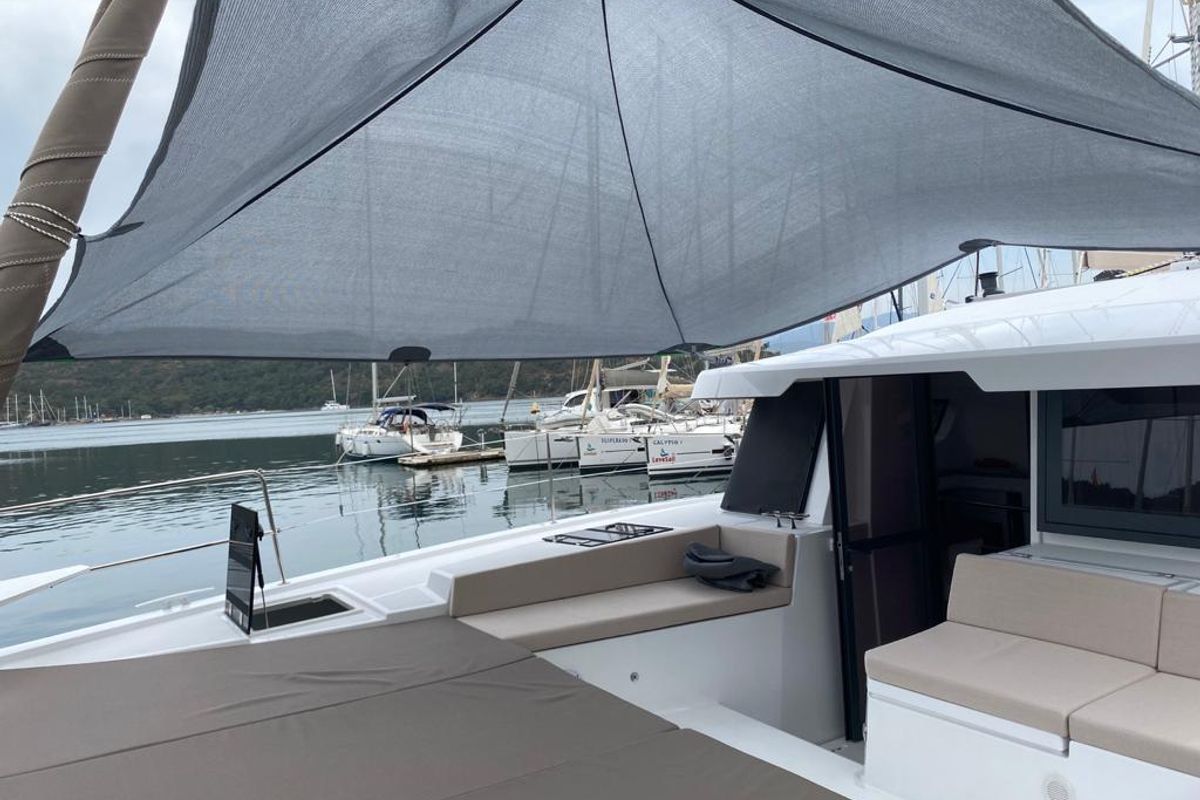 Deck of La Brise, a Bali 4.6 catamaran at Fethiye, Turkey