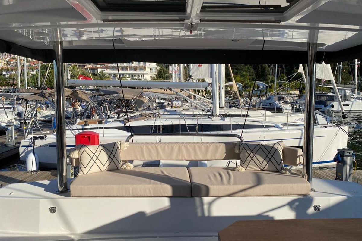 Deck of La Brise, a Bali 4.6 catamaran at Fethiye, Turkey