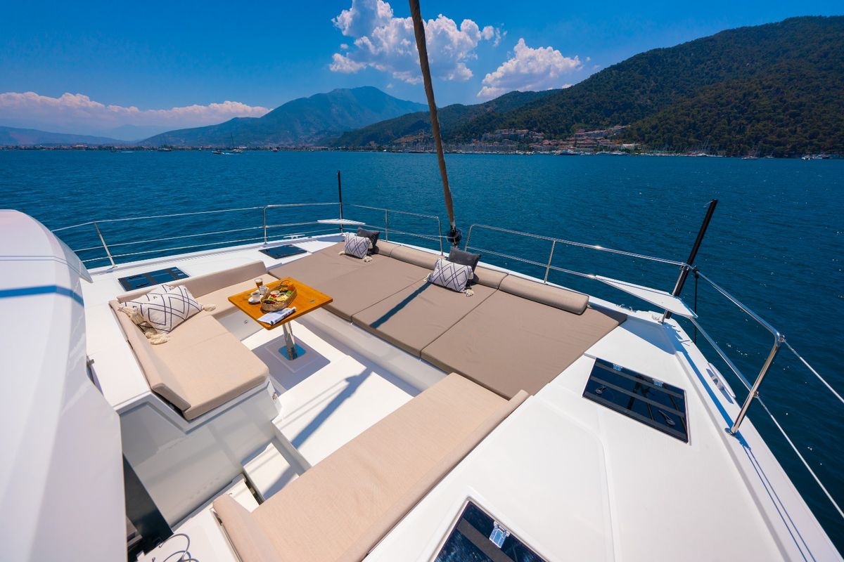 Deck of La Brise, a Bali 4.6 catamaran at Fethiye, Turkey