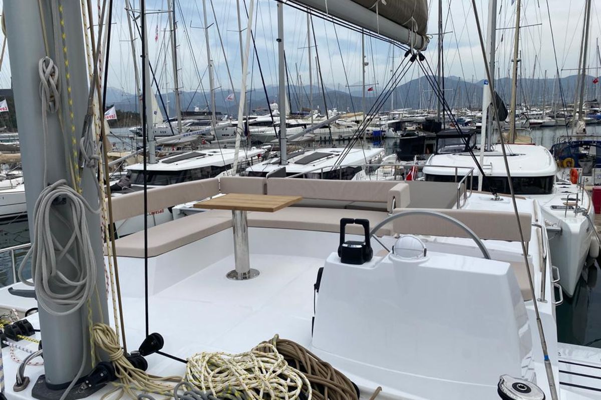 Cockpit of La Brise, a Bali 4.6 catamaran at Fethiye, Turkey