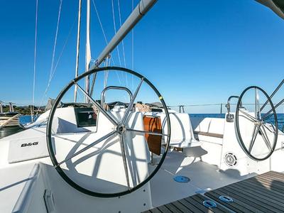 Cockpit of Sonia, a Dufour 460 Grand Large sailboat at Olbia, Italy