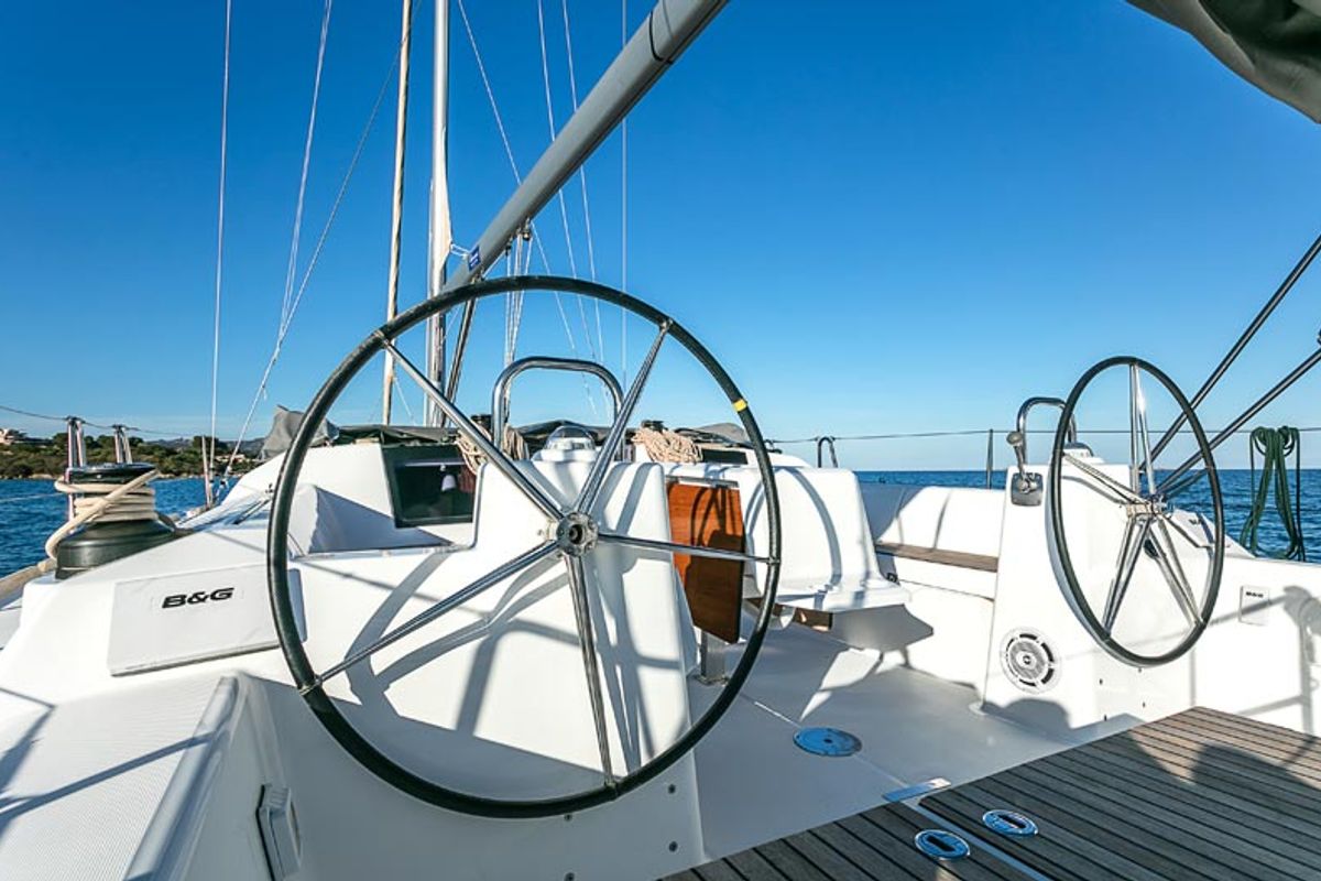 Cockpit of Sonia, a Dufour 460 Grand Large sailboat at Olbia, Italy