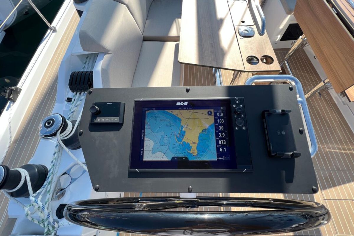 Cockpit of Kebifaiv, a Bavaria C46 sailboat at Municipal Unit of Palairos, Greece
