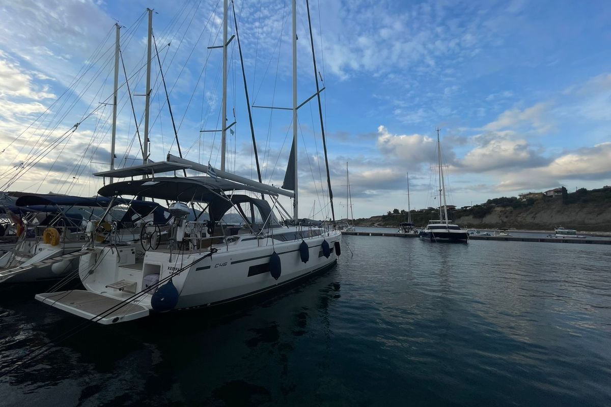 Exterior view of Kebifaiv, a Bavaria C46 sailboat at Municipal Unit of Palairos, Greece
