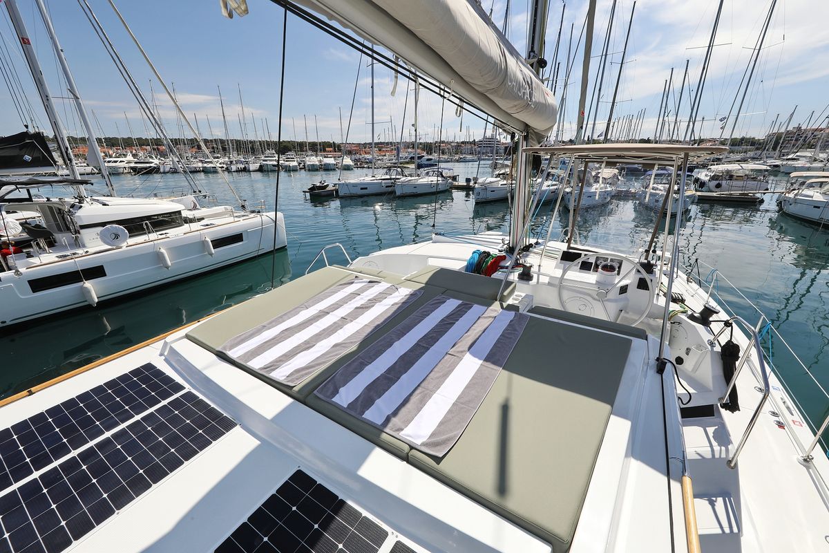 Cockpit of Bella Mare, a Bali Catspace catamaran at Seget Donji, Croatia