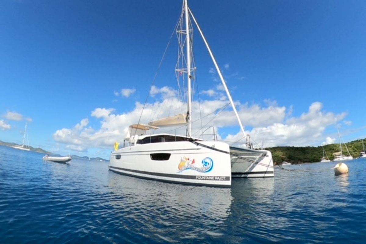 Exterior view of Unsupervised, a Fountaine Pajot Astrea 42 catamaran at Road Town, British Virgin Islands