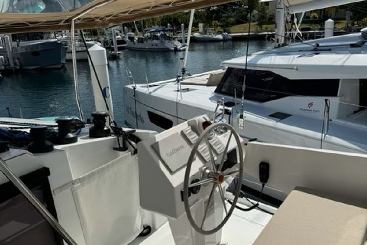 Cockpit of Unsupervised, a Fountaine Pajot Astrea 42 catamaran at Road Town, British Virgin Islands