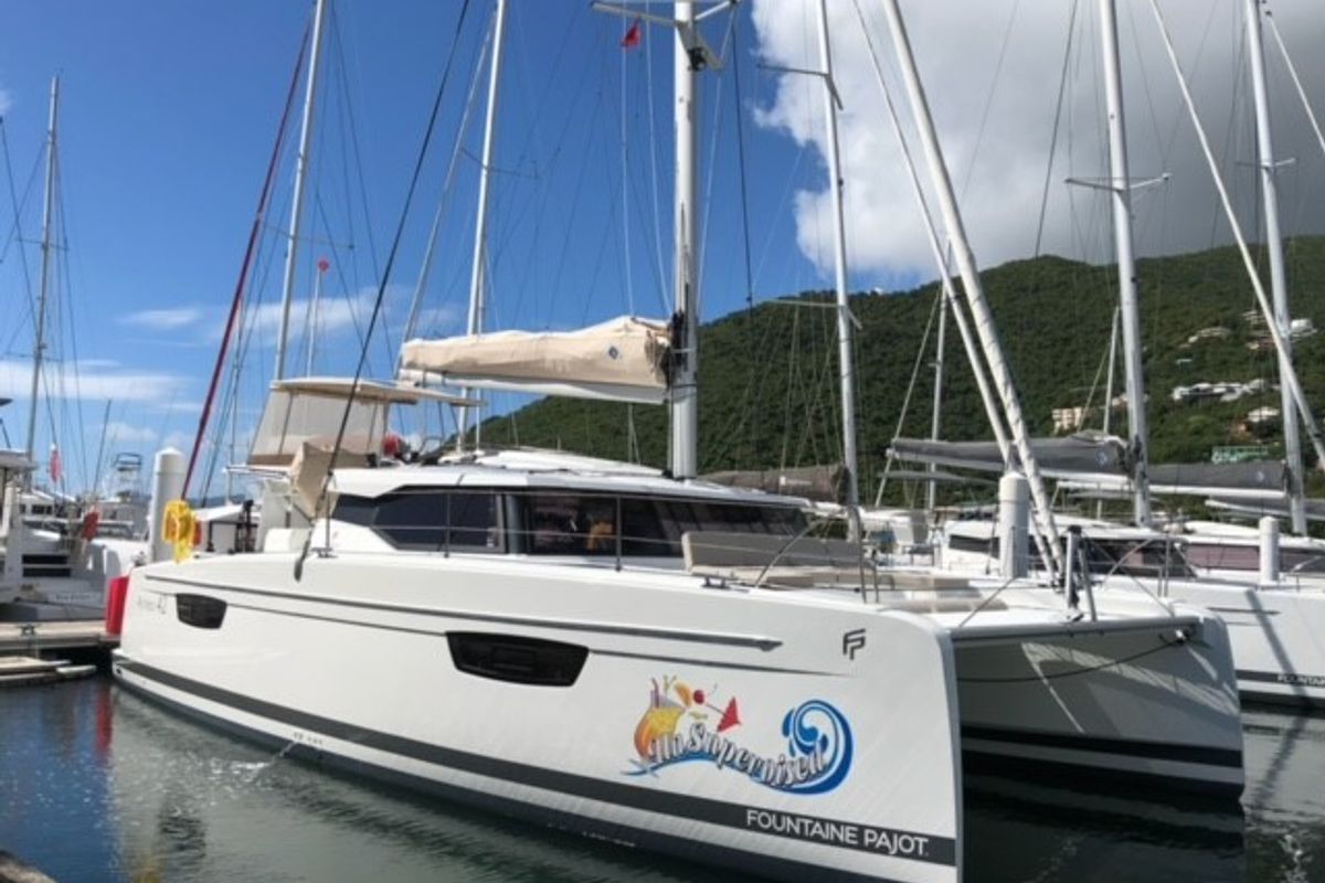 Exterior view of Unsupervised, a Fountaine Pajot Astrea 42 catamaran at Road Town, British Virgin Islands