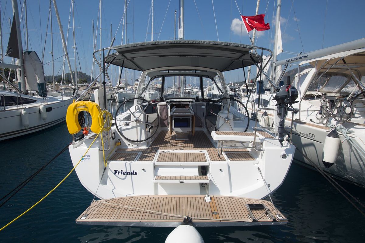 Exterior view of Friends, a Beneteau Oceanis 41.1 sailboat at Fethiye, Turkey