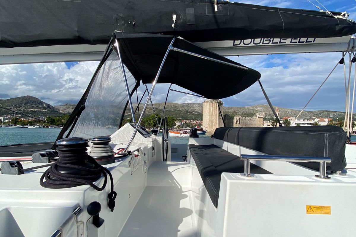 Deck of Double Elli, a Lagoon 450 F catamaran at Grad Trogir, Croatia
