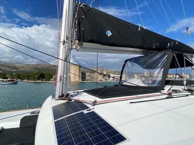 Deck of Double Elli, a Lagoon 450 F catamaran at Grad Trogir, Croatia