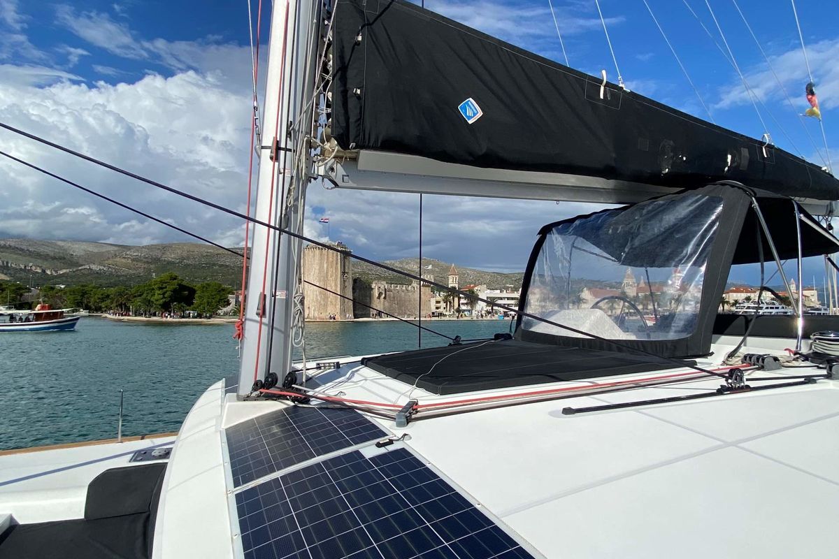 Deck of Double Elli, a Lagoon 450 F catamaran at Grad Trogir, Croatia