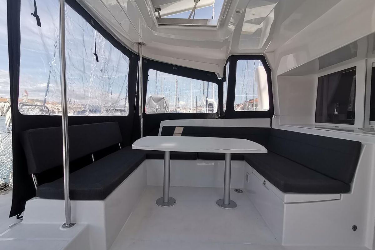 Deck of Double Elli, a Lagoon 450 F catamaran at Grad Trogir, Croatia