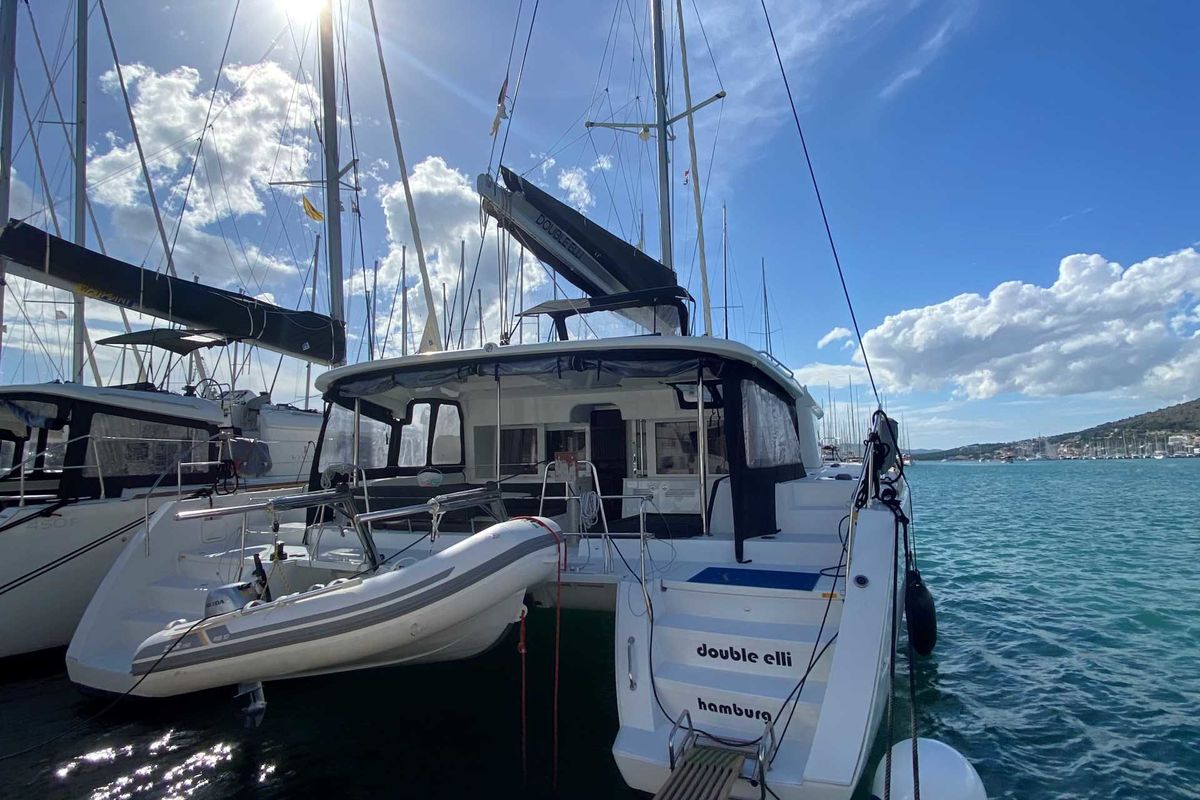 Exterior view of Double Elli, a Lagoon 450 F catamaran at Grad Trogir, Croatia