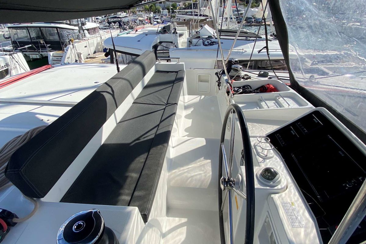 Cockpit of Double Elli, a Lagoon 450 F catamaran at Grad Trogir, Croatia