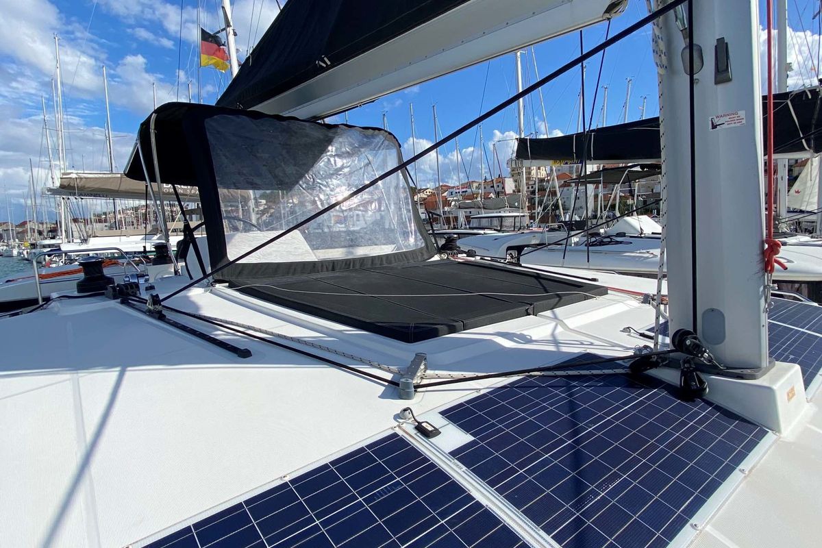 Deck of Double Elli, a Lagoon 450 F catamaran at Grad Trogir, Croatia