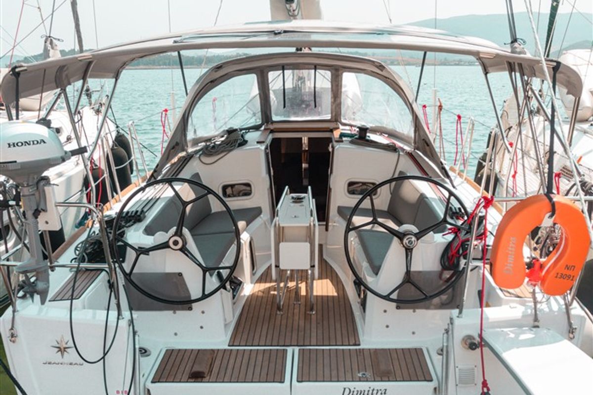 Cockpit of Dimitra, a Jeanneau Sun Odyssey 349 sailboat at Volos Municipality, Greece