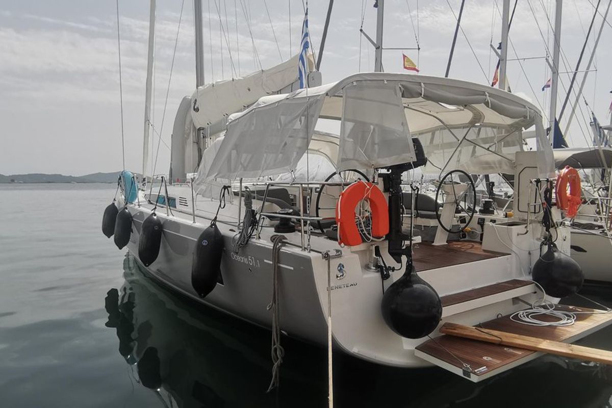 Exterior view of Living In Sea, a Beneteau Oceanis 51.1 sailboat at Kontokali, Greece