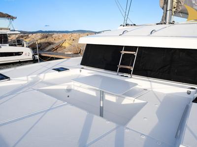 Deck of Asclepios, a Bali Catsmart catamaran at Ajaccio, France