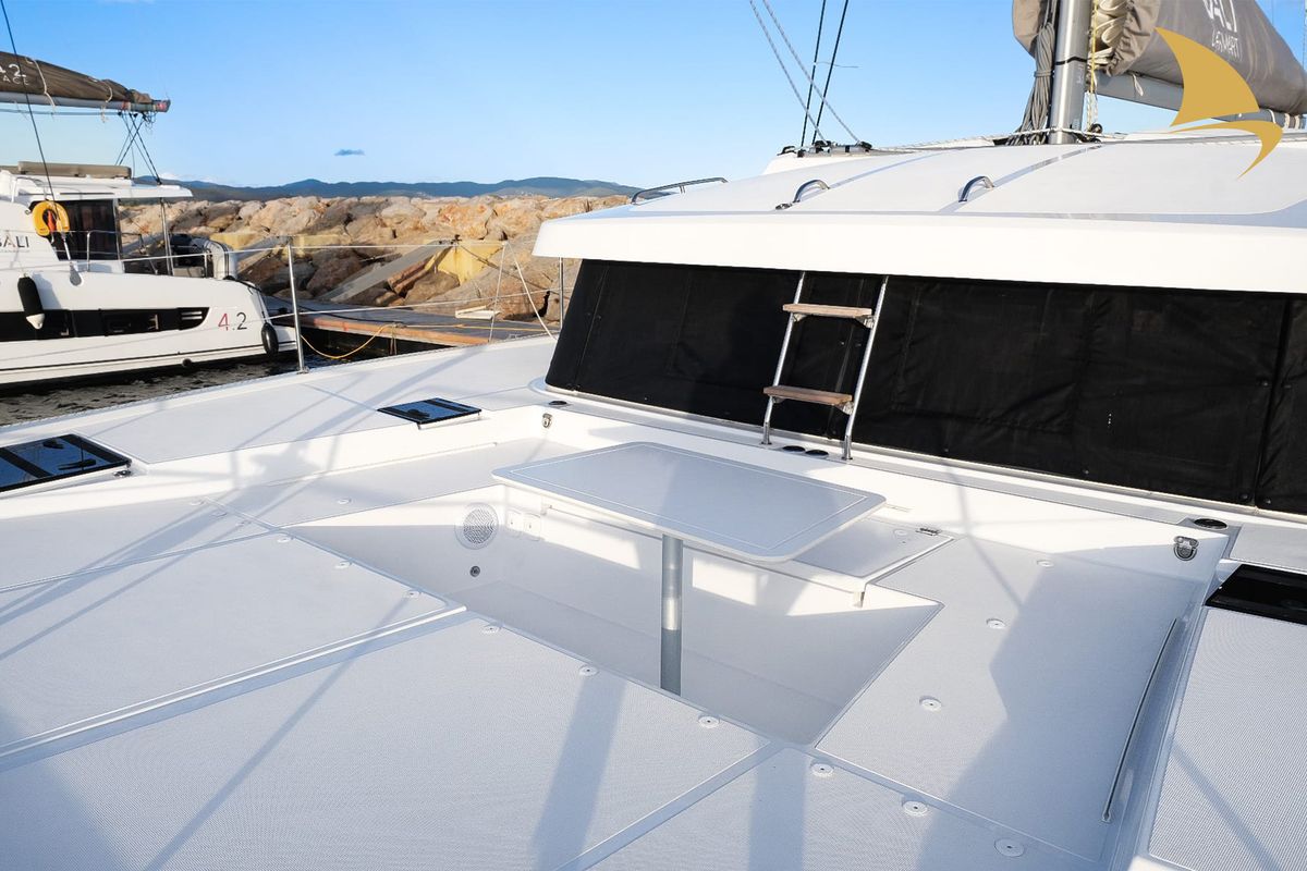 Deck of Asclepios, a Bali Catsmart catamaran at Ajaccio, France