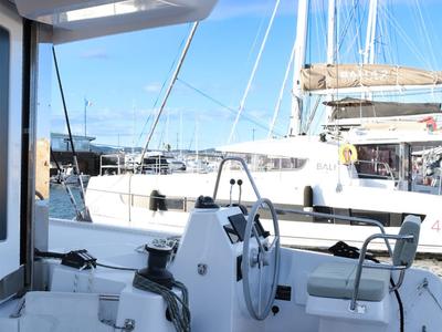 Cockpit of Asclepios, a Bali Catsmart catamaran at Ajaccio, France