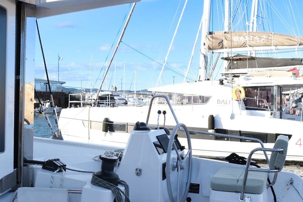 Cockpit of Asclepios, a Bali Catsmart catamaran at Ajaccio, France