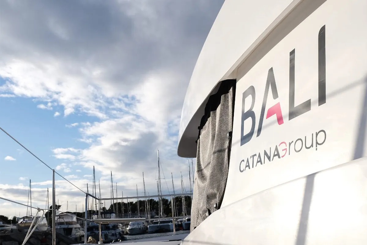 Deck of Asclepios, a Bali Catsmart catamaran at Ajaccio, France