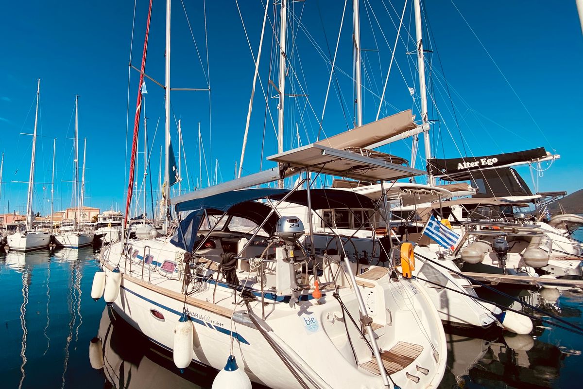 Exterior view of Enalia, a Bavaria 46 Cruiser sailboat at Municipal Unit of Lefkada, Greece