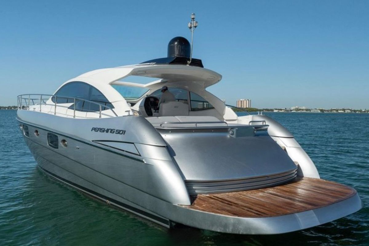 Exterior view of Dom Pedro, a Pershing 50 motorboat at Olbia, Italy