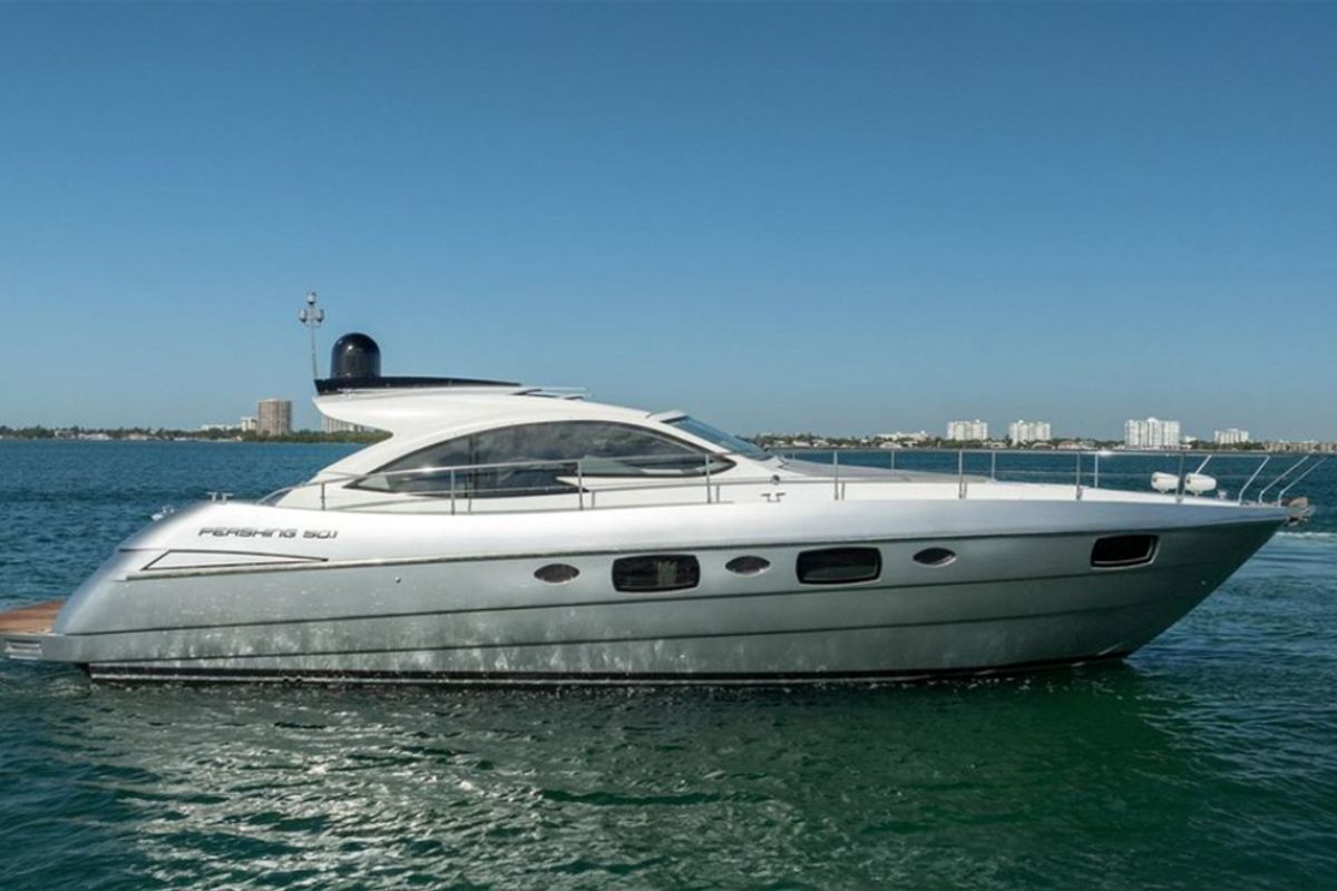 Exterior view of Dom Pedro, a Pershing 50 motorboat at Olbia, Italy