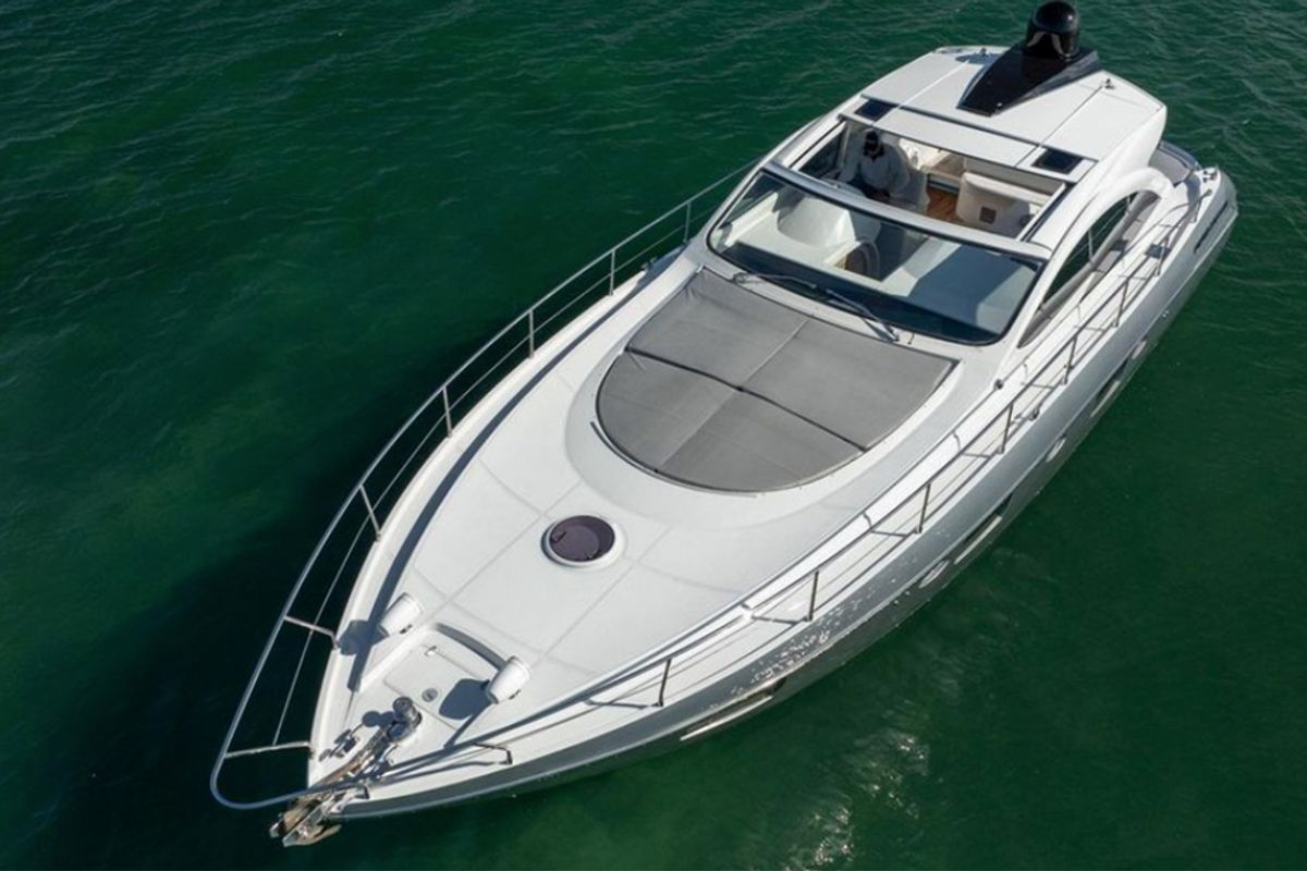 Exterior view of Dom Pedro, a Pershing 50 motorboat at Olbia, Italy