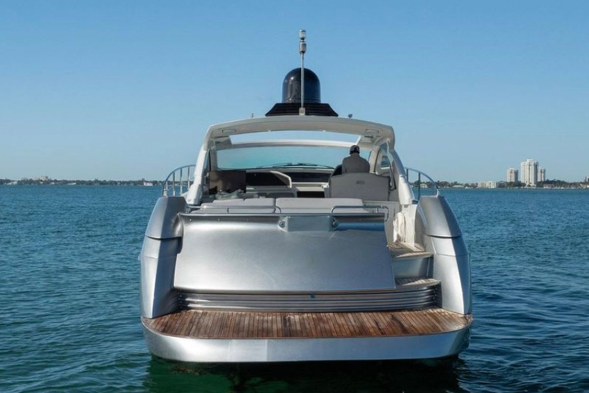 Exterior view of Dom Pedro, a Pershing 50 motorboat at Olbia, Italy