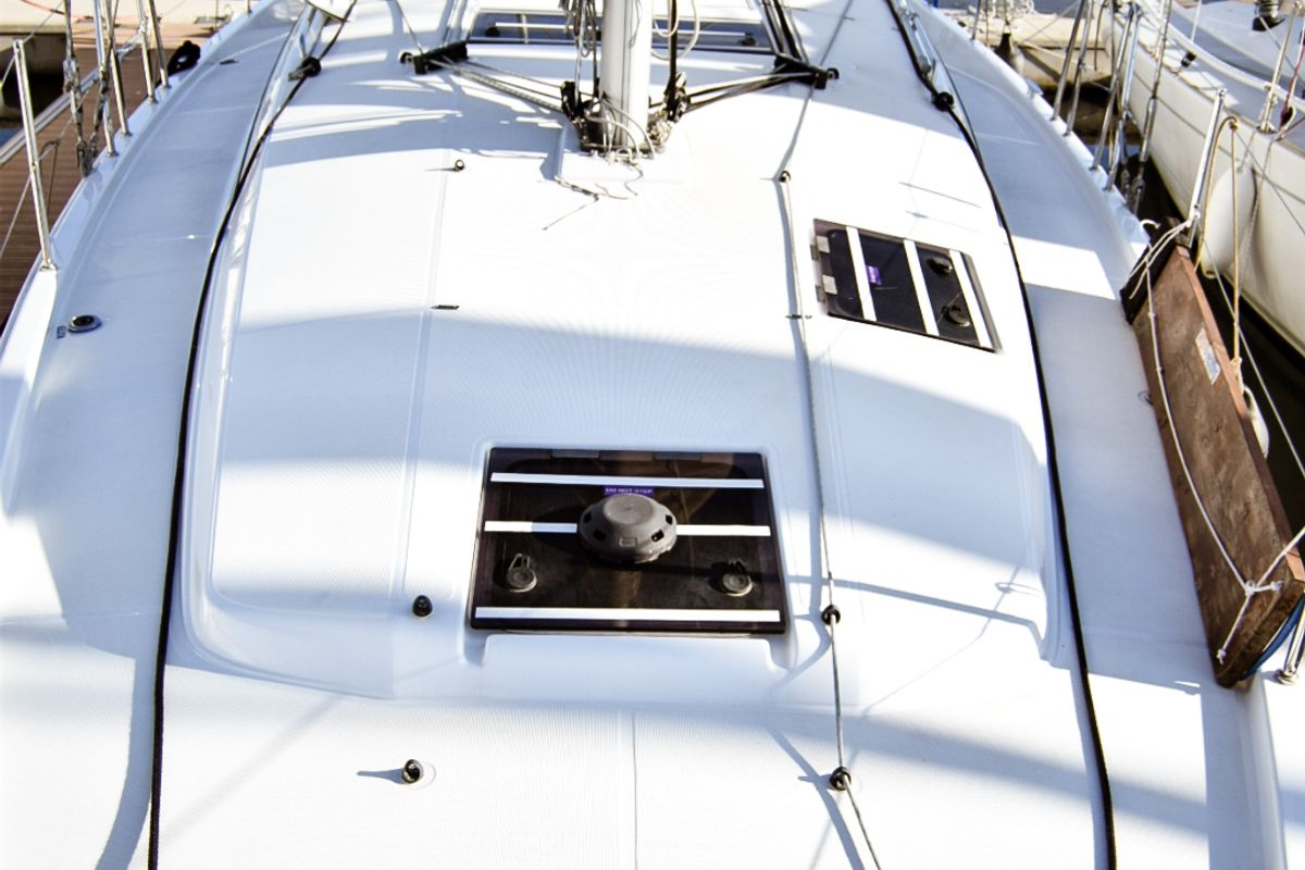 Exterior view of Aegeas, a Jeanneau Sun Odyssey 410 sailboat at Kavala, Greece