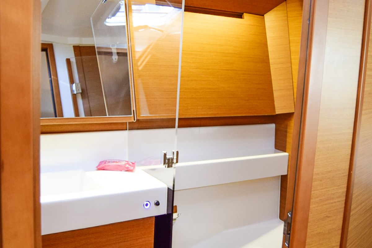 Head on Aegeas, a Jeanneau Sun Odyssey 410 sailboat at Kavala, Greece