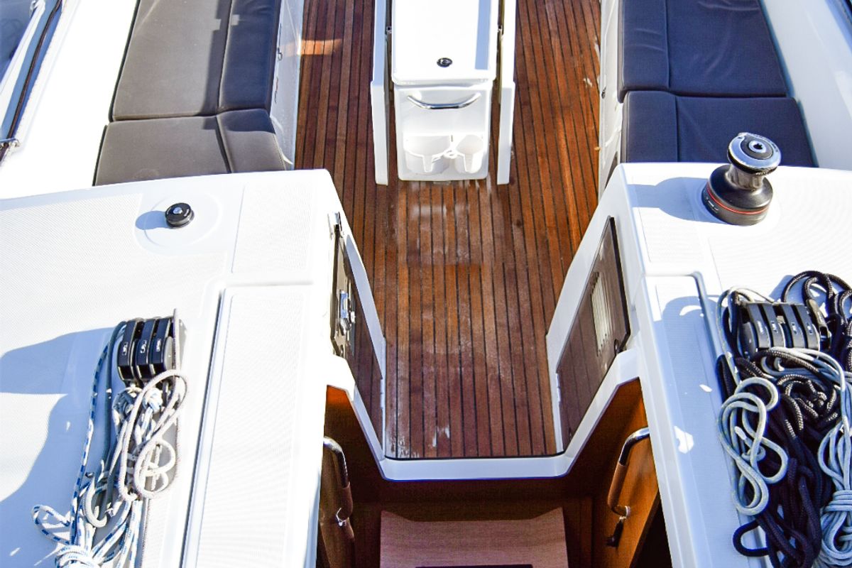 Deck of Aegeas, a Jeanneau Sun Odyssey 410 sailboat at Kavala, Greece
