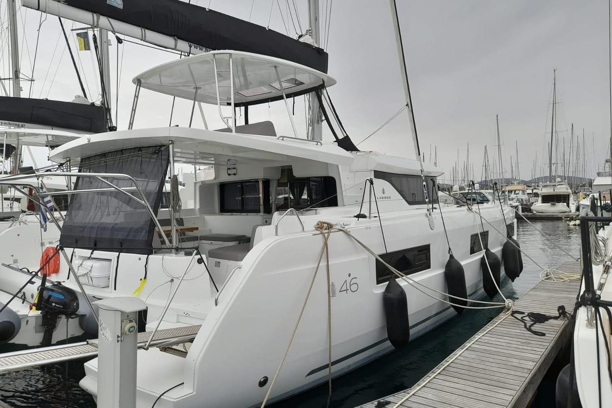 Exterior view of My Naughty Spirit, a Lagoon 46 catamaran at Municipal Unit of Ellomenos, Greece