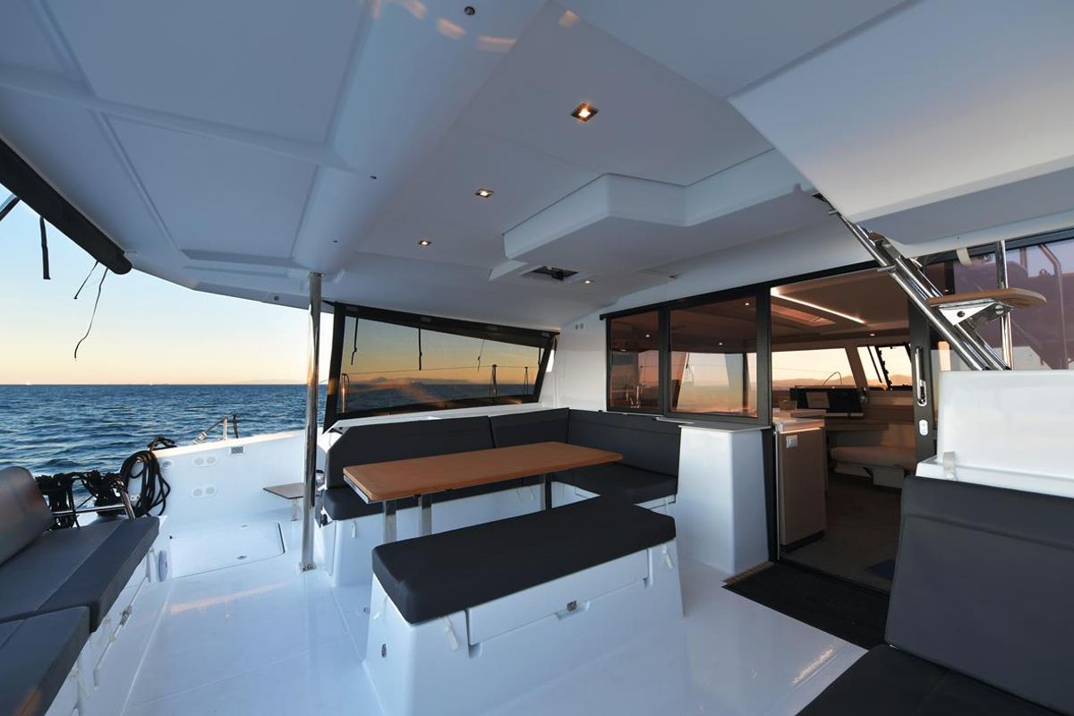 Deck of Eclipsea, a Fountaine Pajot Saona 47 catamaran at Athens, Greece