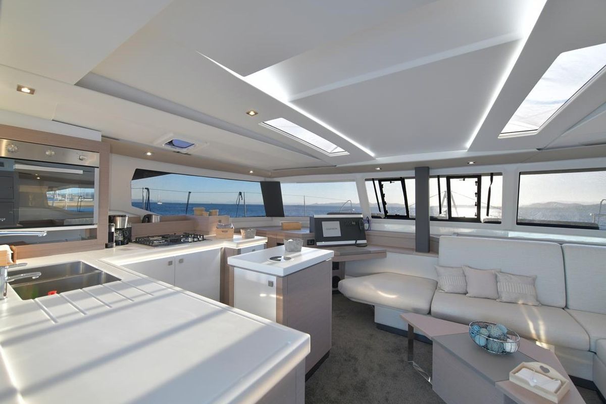 Salon of Eclipsea, a Fountaine Pajot Saona 47 catamaran at Athens, Greece