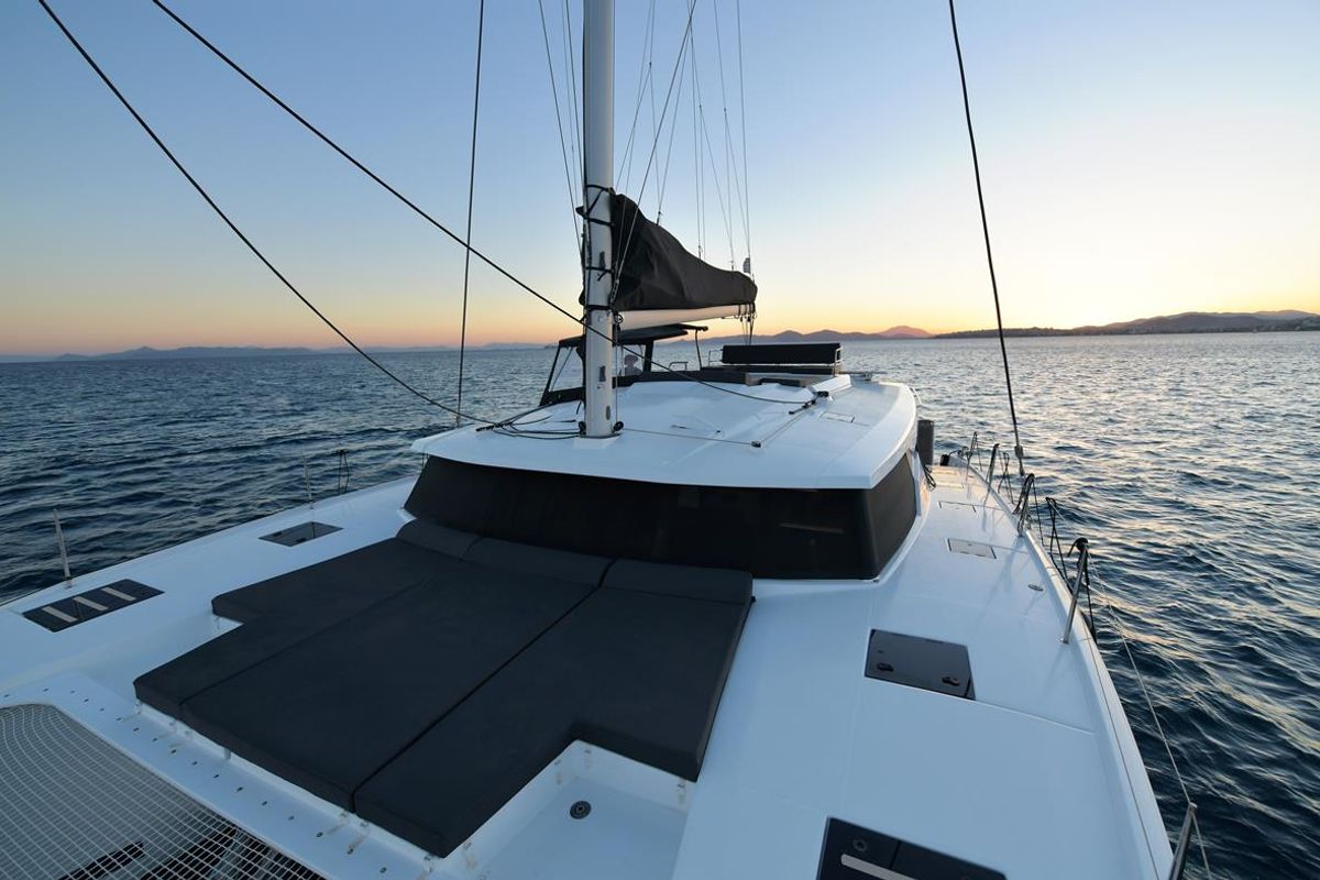 Deck of Eclipsea, a Fountaine Pajot Saona 47 catamaran at Athens, Greece