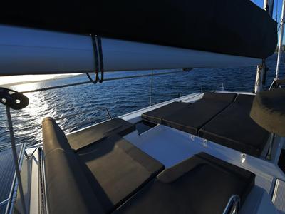 Deck of Eclipsea, a Fountaine Pajot Saona 47 catamaran at Athens, Greece