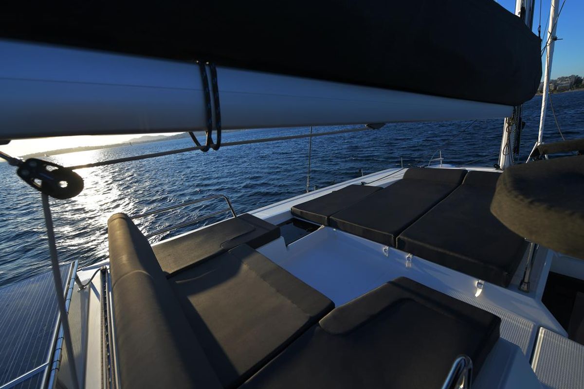 Deck of Eclipsea, a Fountaine Pajot Saona 47 catamaran at Athens, Greece