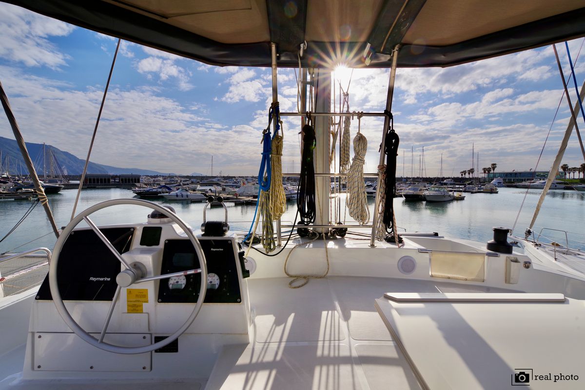 Cockpit of Monia - A/C, Generator, Water maker, a Bali 4.6 catamaran at Castellammare di Stabia, Italy