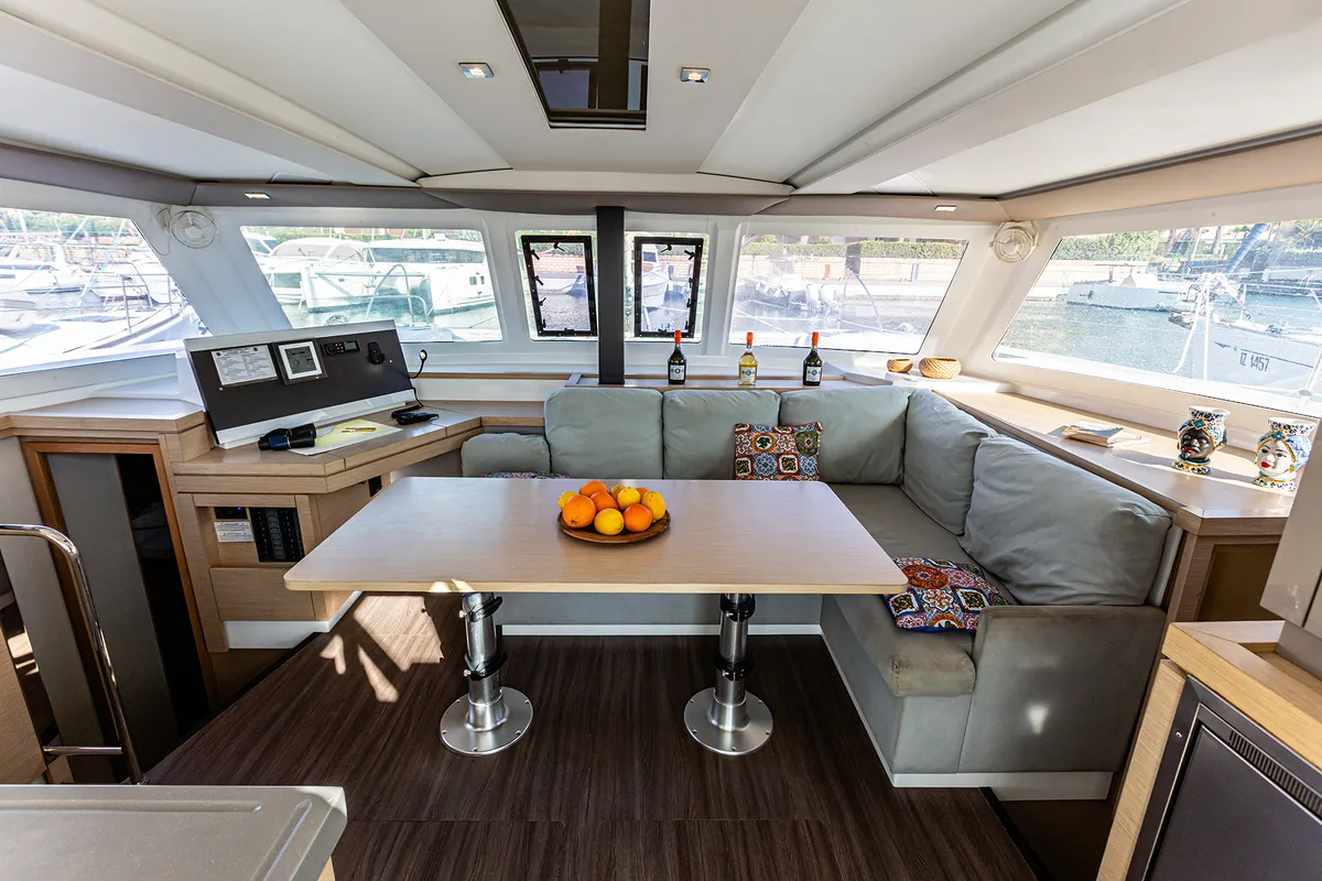 Salon of Relax Planet, a Fountaine Pajot Lucia 40 catamaran at Tonnarella, Italy