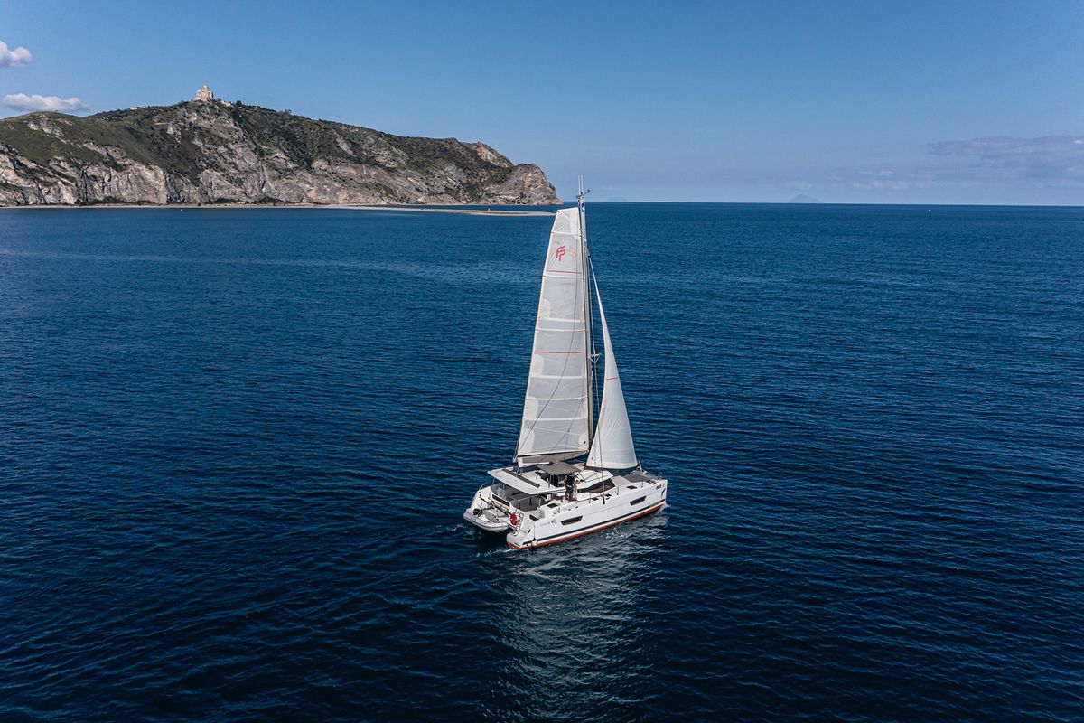 Exterior view of Relax Planet, a Fountaine Pajot Lucia 40 catamaran at Tonnarella, Italy
