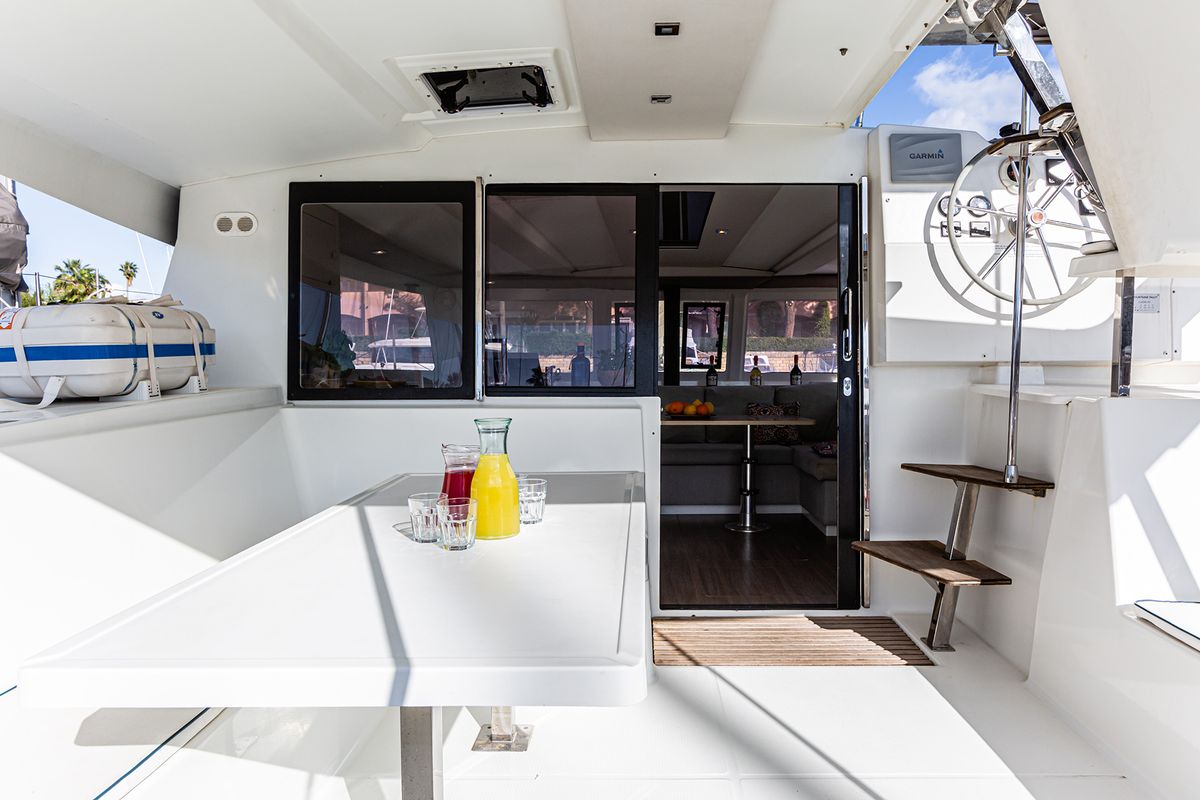 Deck of Relax Planet, a Fountaine Pajot Lucia 40 catamaran at Tonnarella, Italy