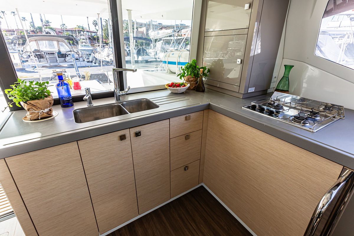 Galley of Relax Planet, a Fountaine Pajot Lucia 40 catamaran at Tonnarella, Italy