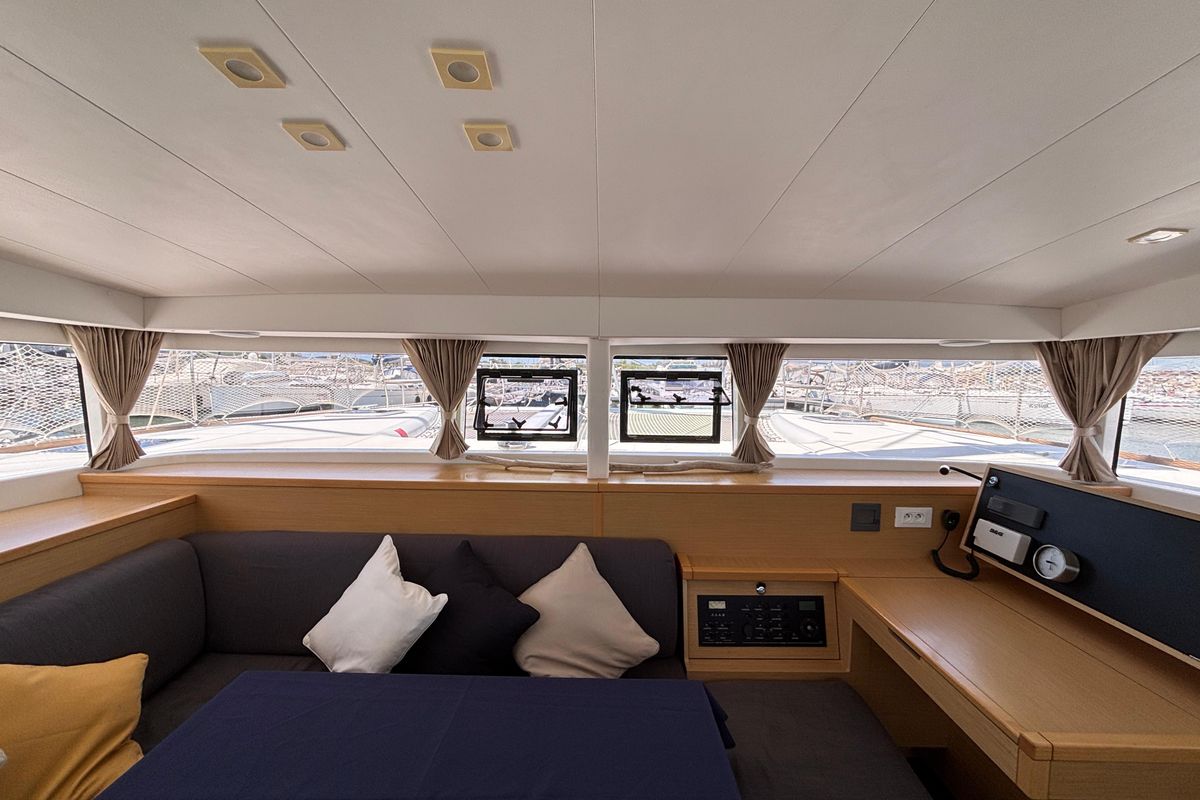 Salon of Aragorn, a Lagoon 400 S2 catamaran at Piombino, Italy