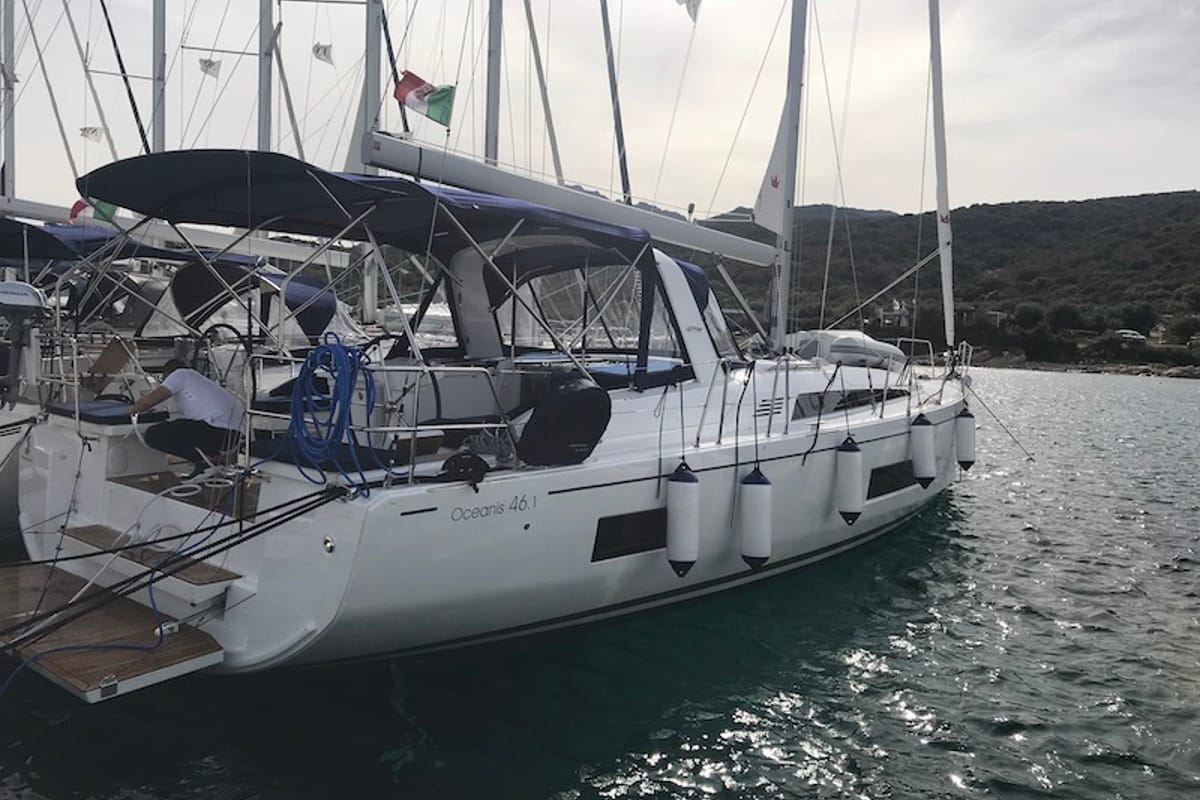 Exterior view of Becrux, a Beneteau Oceanis 46.1 sailboat at Tonnarella, Italy